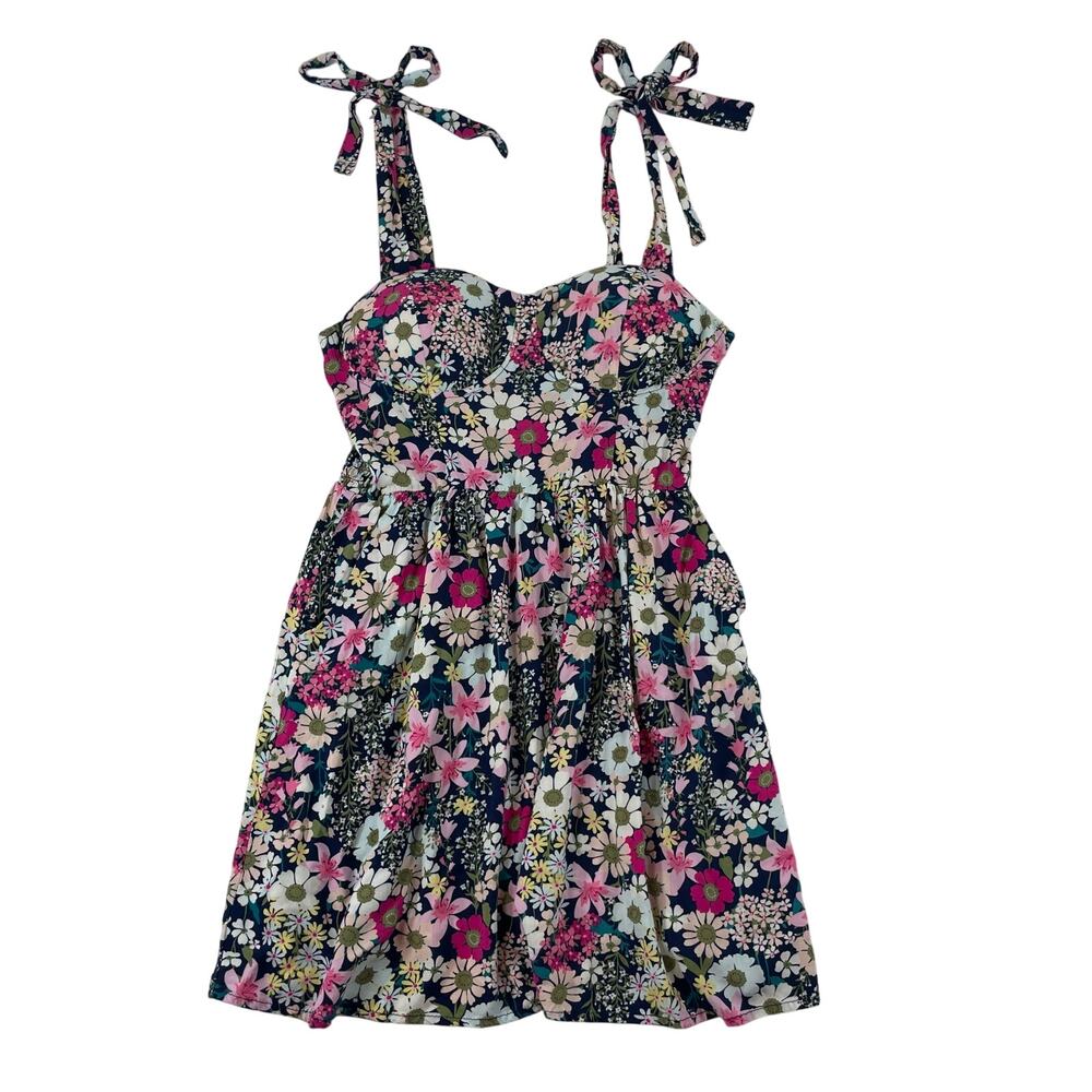 As U Wish Floral Tie Strap Smocked Mini Dress Pockets Blue Pink Women's Large